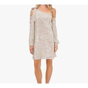 CeCe One Bow Shoulder Long Sleeve Silver Sequin Shift Party Prom Dress Sz S